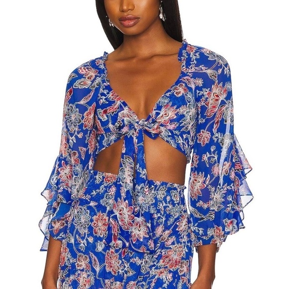 New! MISA Los Angeles Ancora Floral Sireneuse Tie-Front Crop Top 💙 Small NWT! - Picture 2 of 15